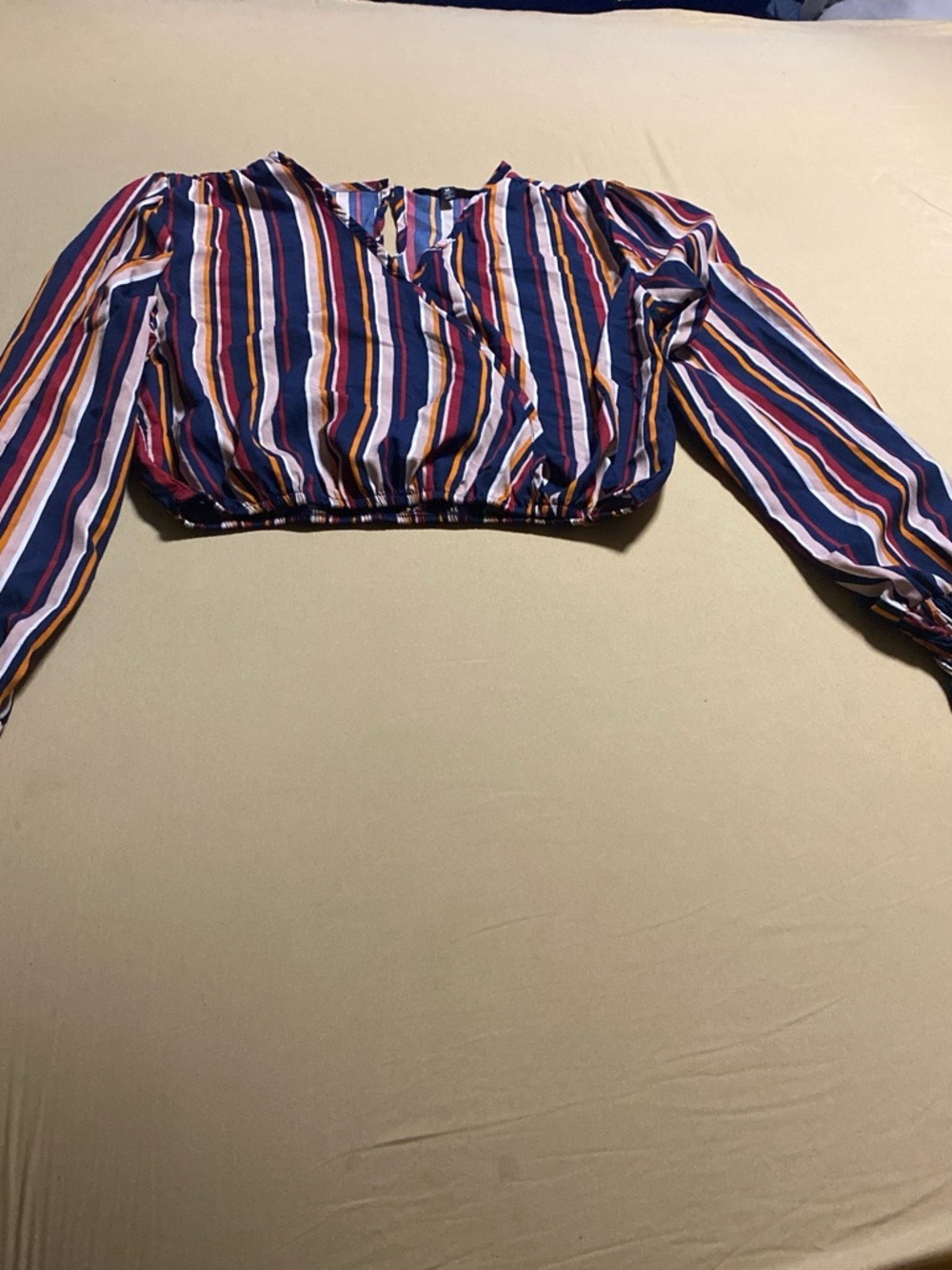 Cropped Wrap Blouse in Navy Multi-Stripe